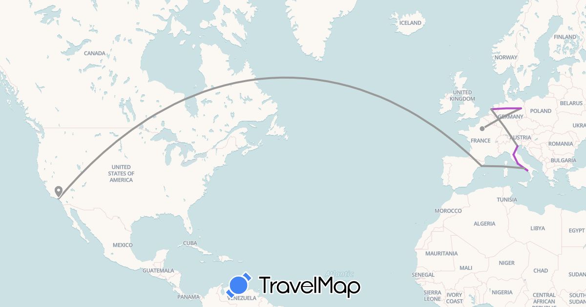 TravelMap itinerary: driving, plane, train in Germany, Spain, France, Italy, Netherlands, United States (Europe, North America)